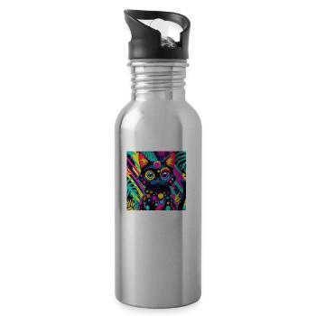 neon colored cartoon style Cat dog art design cool - Water bottle with straw - silver - Right