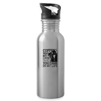 Love Over Coffee – Funny Romantic Tee - Water bottle with straw - silver - Right