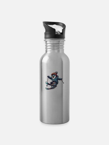 Ski Pinguin - Trinkflasche mit integriertem Trinkhalm - Lightsilver