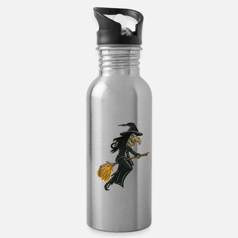 witch witch on broomstick halloween witch - Water bottle with straw - silver