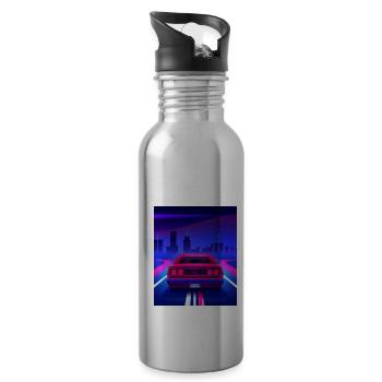 Vaporwave Aesthetic Vintage Highway - Water bottle with straw - silver - Right