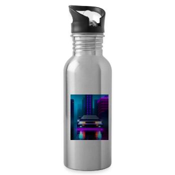 Vaporwave Aesthetic Sports Car Rain Skyscrapers - Water bottle with straw - silver - Right