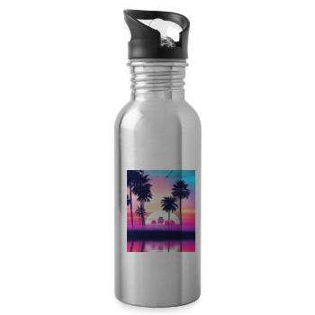 Vaporwave Sun Synthwave Sunset Palms - Water bottle with straw - silver - Right