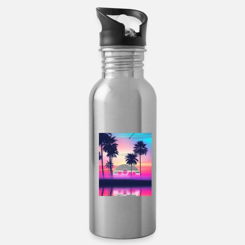Vaporwave Sun Synthwave Sunset Palmen - Trinkflasche mit integriertem Trinkhalm - Lightsilver