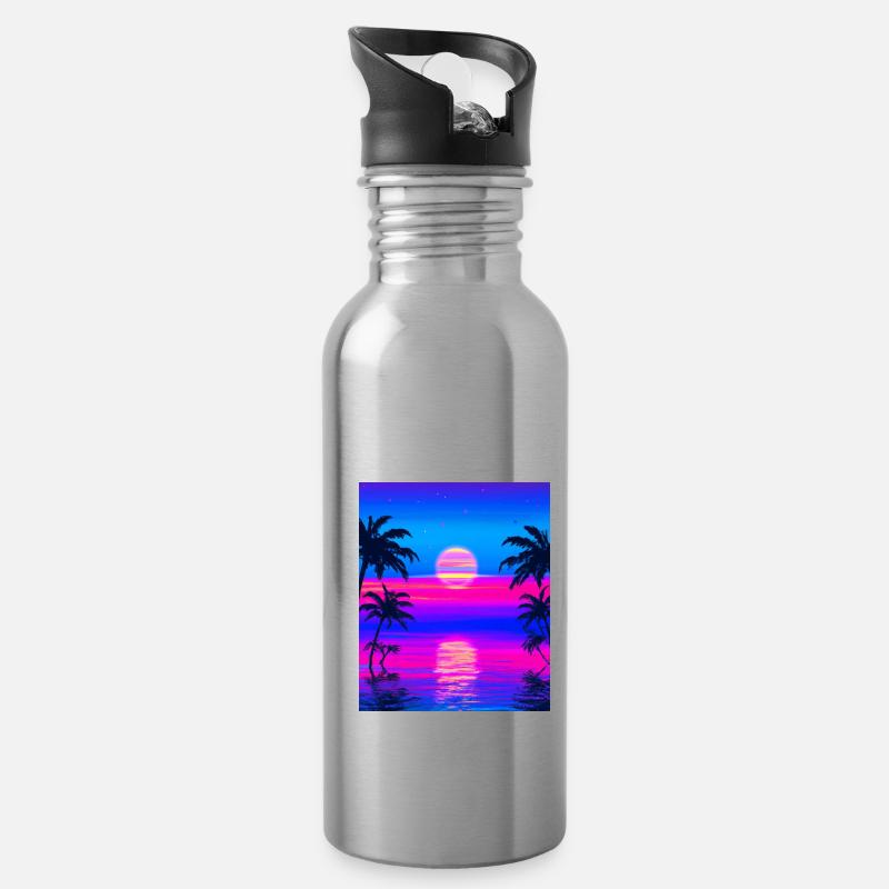 Vaporwave Sun Synthwave Sunset Palmen - Trinkflasche mit integriertem Trinkhalm - Lightsilver