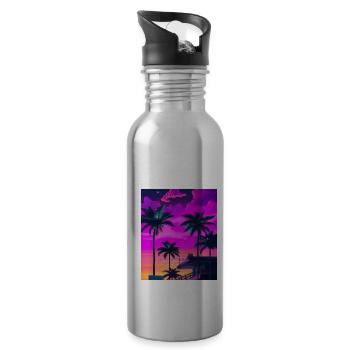 Synthwave Sun Hawaii Vaporwave Aesthetic - Water bottle with straw - silver - Right