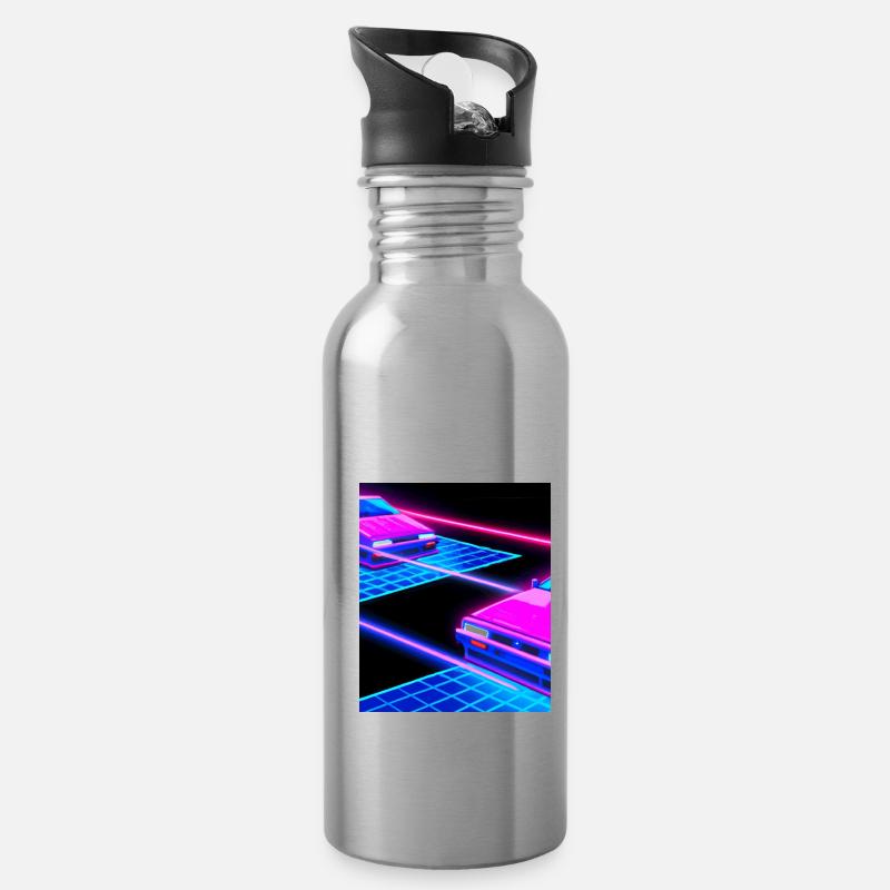 Vaporwave Aesthetic Synthwave Car - Water bottle with straw - silver
