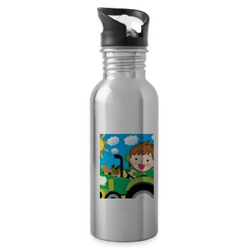 Green Tractor Birthday Farm Animals - Water bottle with straw - silver - Right