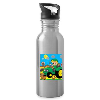 Green Tractor Birthday Farm Animals - Water bottle with straw - silver - Right