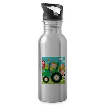 Green Tractor Birthday Farm Animals - Water bottle with straw - silver - Right