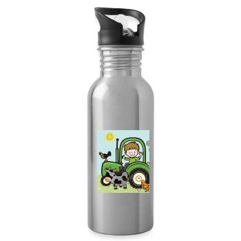 Green Tractor Birthday Farm Animals - Water bottle with straw - silver - Right