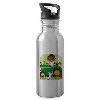 Green Tractor Birthday Farm Animals - Water bottle with straw - silver - Right