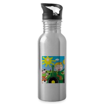 Green Tractor Birthday Farm Animals - Water bottle with straw - silver - Right