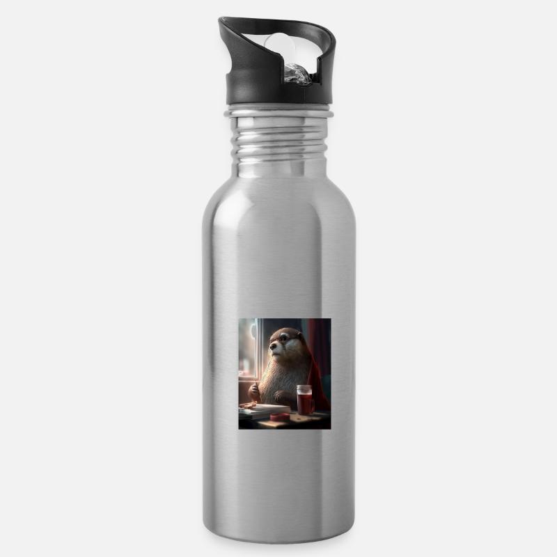 Otter Lovers Nerd Otter Drinking Coffee - Trinkflasche mit integriertem Trinkhalm - Lightsilver