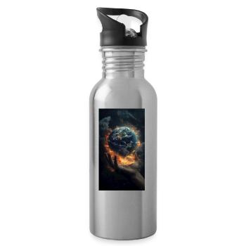 Darstellung einer Hand, die scheinbar die Erde häl - Trinkflasche mit integriertem Trinkhalm - Lightsilver - Rechts