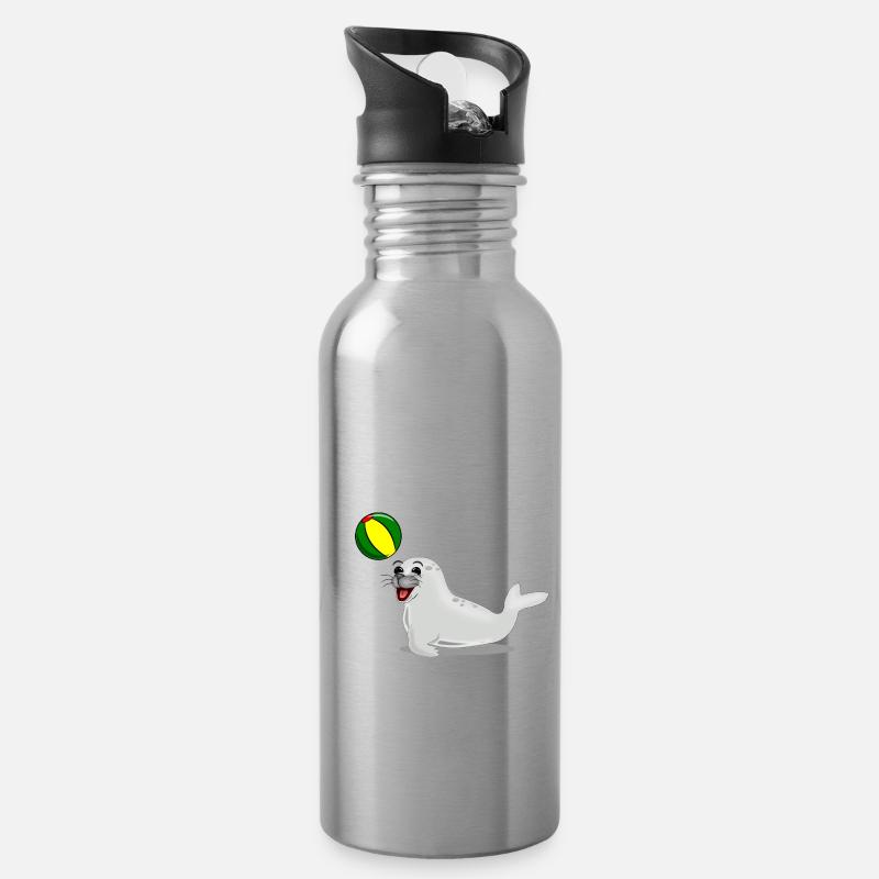 Lachende Robbe mit Ball - Trinkflasche mit integriertem Trinkhalm - Lightsilver