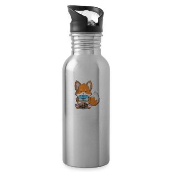 boba fox cute bubble boba tea kawaii cute fox - Water bottle with straw - silver - Right