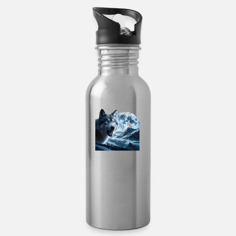 Wolf mit blauen Augen bei Vollmond - Trinkflasche mit integriertem Trinkhalm - Lightsilver