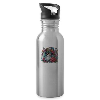 Vintage, Christmas, skull, skull tattoo, rose - Water bottle with straw - silver - Right