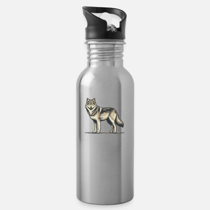 Wolf - Water bottle with straw - silver