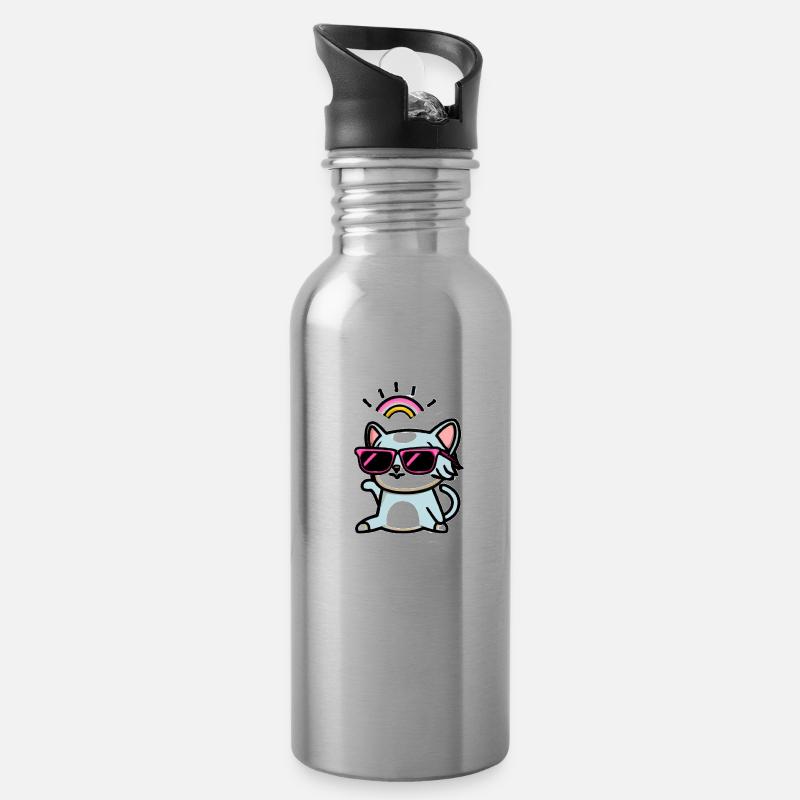 rainbow cat with glasses - Water bottle with straw - silver