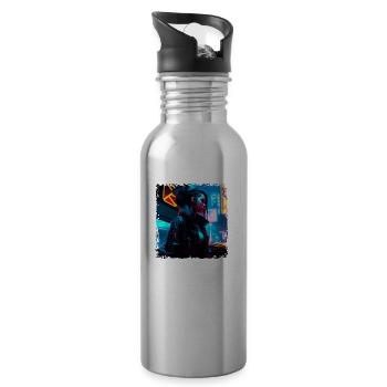 Sci-Fi neon artwork with a young punk in neon - Water bottle with straw - silver - Right