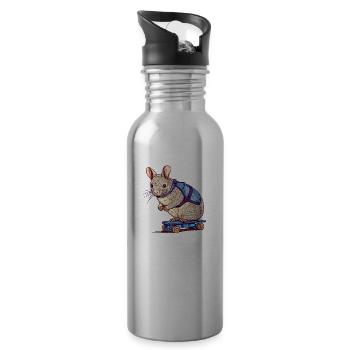 chinchilla pet on a skateboard - Water bottle with straw - silver - Right
