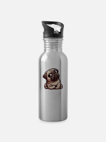Süßer Cartoon Mops mit lustigem Blick - Trinkflasche mit integriertem Trinkhalm - Lightsilver