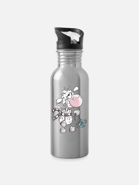 Schaf mit Wollknäuel - Schafe - Schäfchen - Comic - Trinkflasche mit integriertem Trinkhalm - Lightsilver