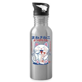 Lucky Cat Drunk on Sake - Water bottle with straw - silver - Right