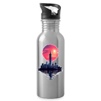 Neon Sunset – Stadt trifft Horizont - Trinkflasche mit integriertem Trinkhalm - Lightsilver - Rechts