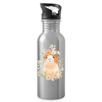 Guinea pig with flowers - Water bottle with straw - silver - Right
