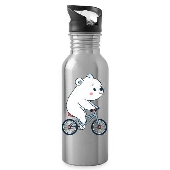 White bear cub on kawaii bike - Water bottle with straw - silver - Right