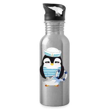 Cute penguin as a sailor in a navy look - Water bottle with straw - silver - Right