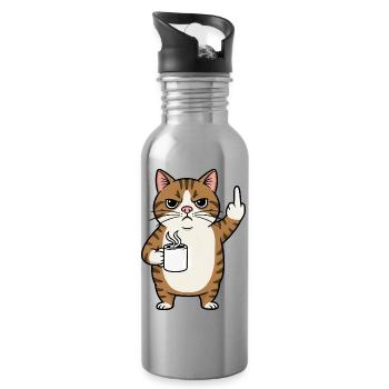 Annoyed cat with coffee and middle finger cartoon - Water bottle with straw - silver - Right
