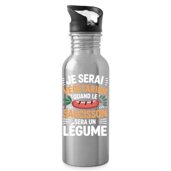 Humour Saucisson – Jamais Végétarien - Gourde avec paille intégrée - argent clair - Droite