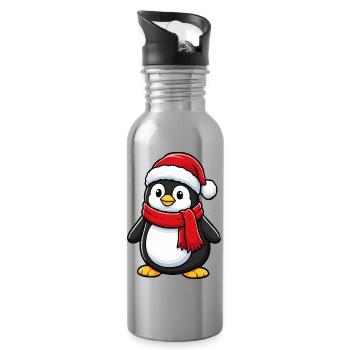 Cute Christmas Penguin Winter Mascot - Water bottle with straw - silver - Right