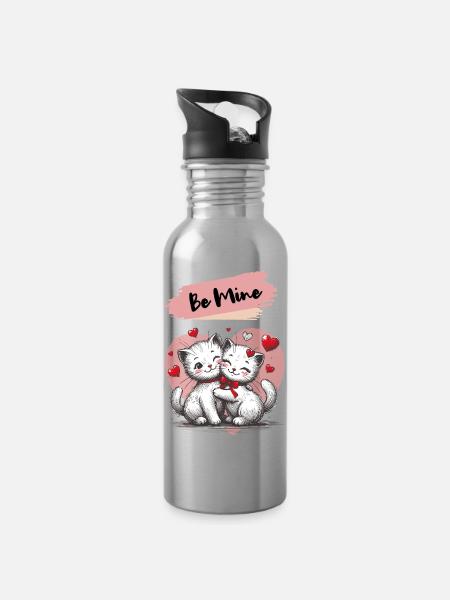 Be Mine Katzenkuscheln mit Herzen - Trinkflasche mit integriertem Trinkhalm - Lightsilver