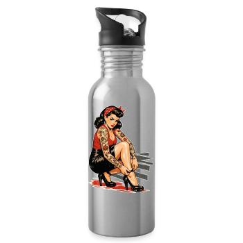 Tattoo Pin-Up: Retro Werbeprint & High Heels - Trinkflasche mit integriertem Trinkhalm - Lightsilver - Rechts