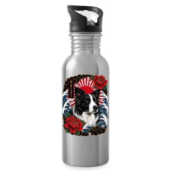 Border Collie im japanischen Irezumi Stil - Trinkflasche mit integriertem Trinkhalm - Lightsilver - Rechts