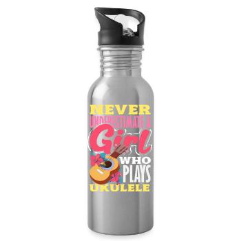 Funny Ukulele Designs and Sayings - Water bottle with straw - silver - Right
