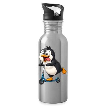 Dessin animé mignon du Pingouin sur le scooter - Gourde avec paille intégrée - argent clair - Droite