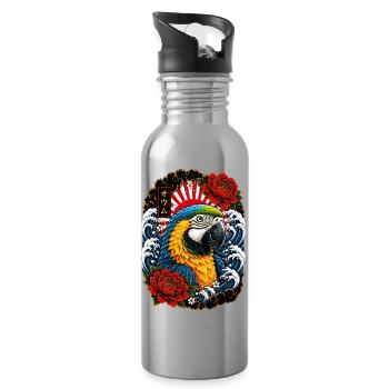Ara Papagei im japanischen Irezumi Tattoo Stil - Trinkflasche mit integriertem Trinkhalm - Lightsilver - Rechts