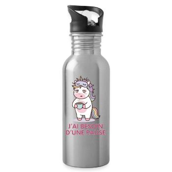 Licorne Fatiguée – Cadeau Humour - Gourde avec paille intégrée - argent clair - Droite