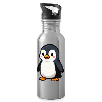 Pixel Penguin: Playful Retro Aesthetic - Water bottle with straw - silver - Right