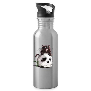 Schwarze Katze und Totenkopf Comic - Trinkflasche mit integriertem Trinkhalm - Lightsilver - Rechts