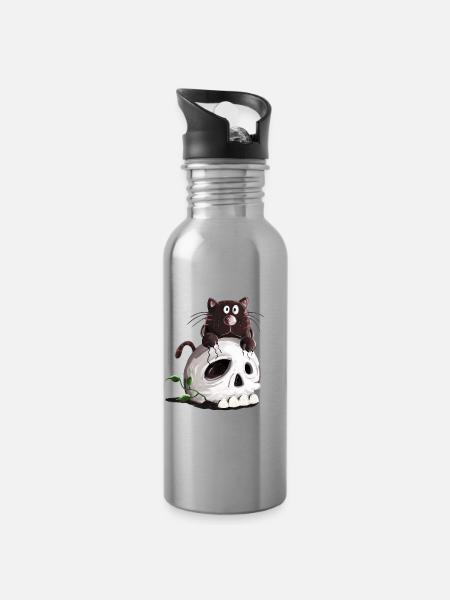 Schwarze Katze und Totenkopf Comic - Trinkflasche mit integriertem Trinkhalm - Lightsilver
