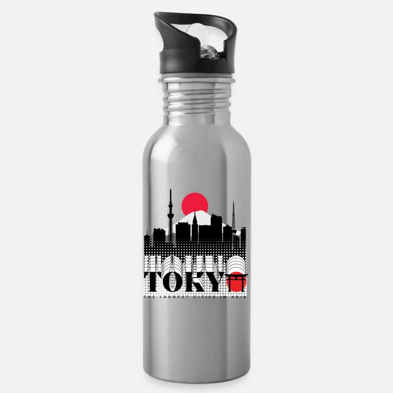 Tokyo Skyline Retro Rotsonne Design - Trinkflasche mit integriertem Trinkhalm - Lightsilver