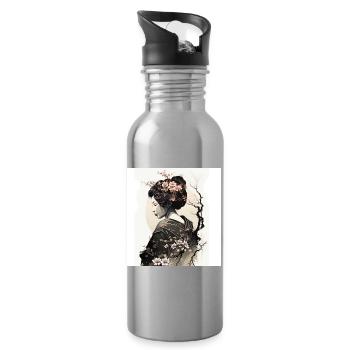 Graceful Japanese Geisha - Water bottle with straw - silver - Right