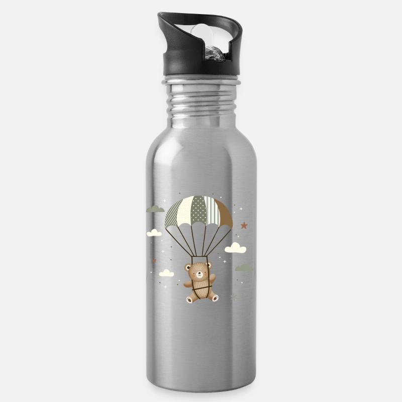 Ours avec parachute - Illustration d’animal ludique - Gourde avec paille intégrée - argent clair